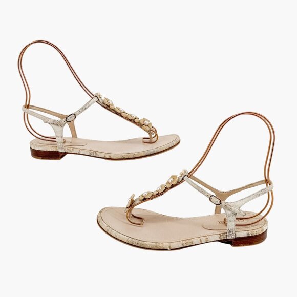 Chanel Camellia Pearl CC T-Strap Flat Sandals EU 38 US 7-7.5 Beige Leather Logo - Picture 7 of 11